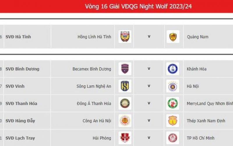 Lịch thi đấu vòng 16 V-League 1 2023/24 mới nhất