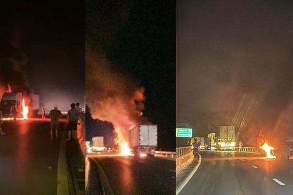 Video xe đầu kéo bất ngờ bốc cháy trên cao tốc Nội Bài - Lào Cai